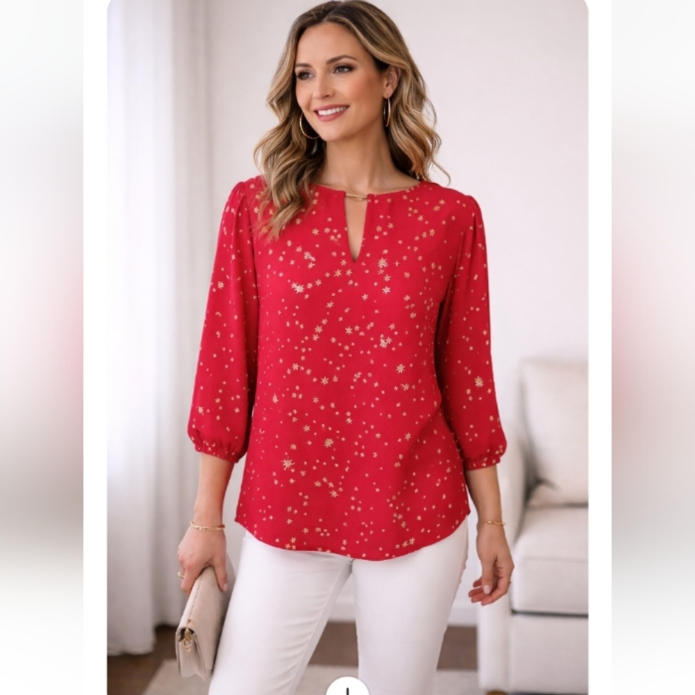 Michael Michael Kors Red Star Print Long Sleeve Blouse Size Medium